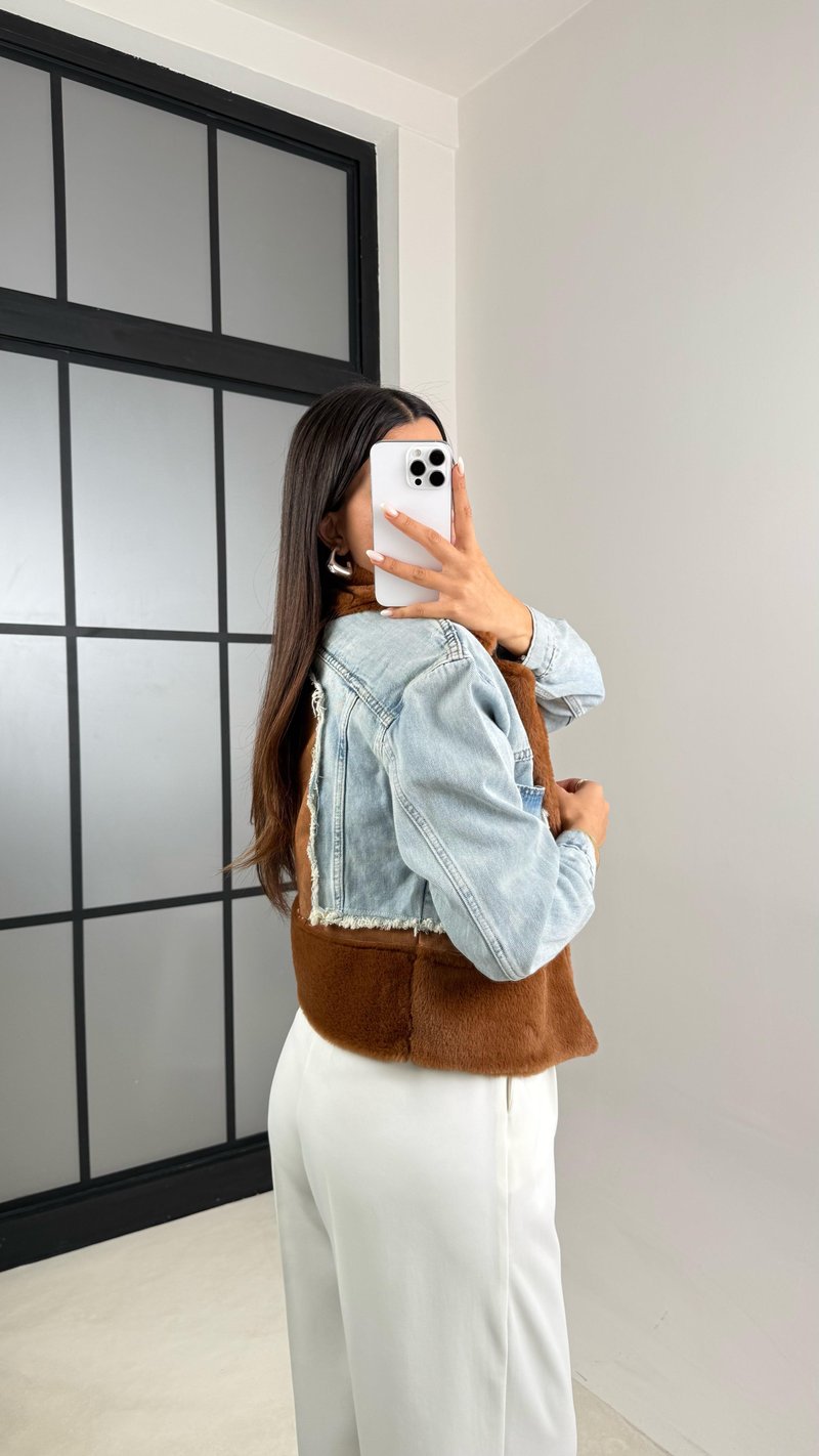 Kahve Denim Detaylı Peluş Ceket GAUS-00583