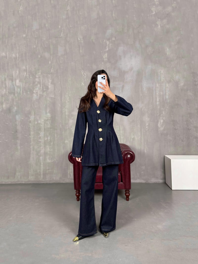 Lacivert Gold Düğmeli Belden Oturtmalı Üst Alt Denim Takım Gaus00038