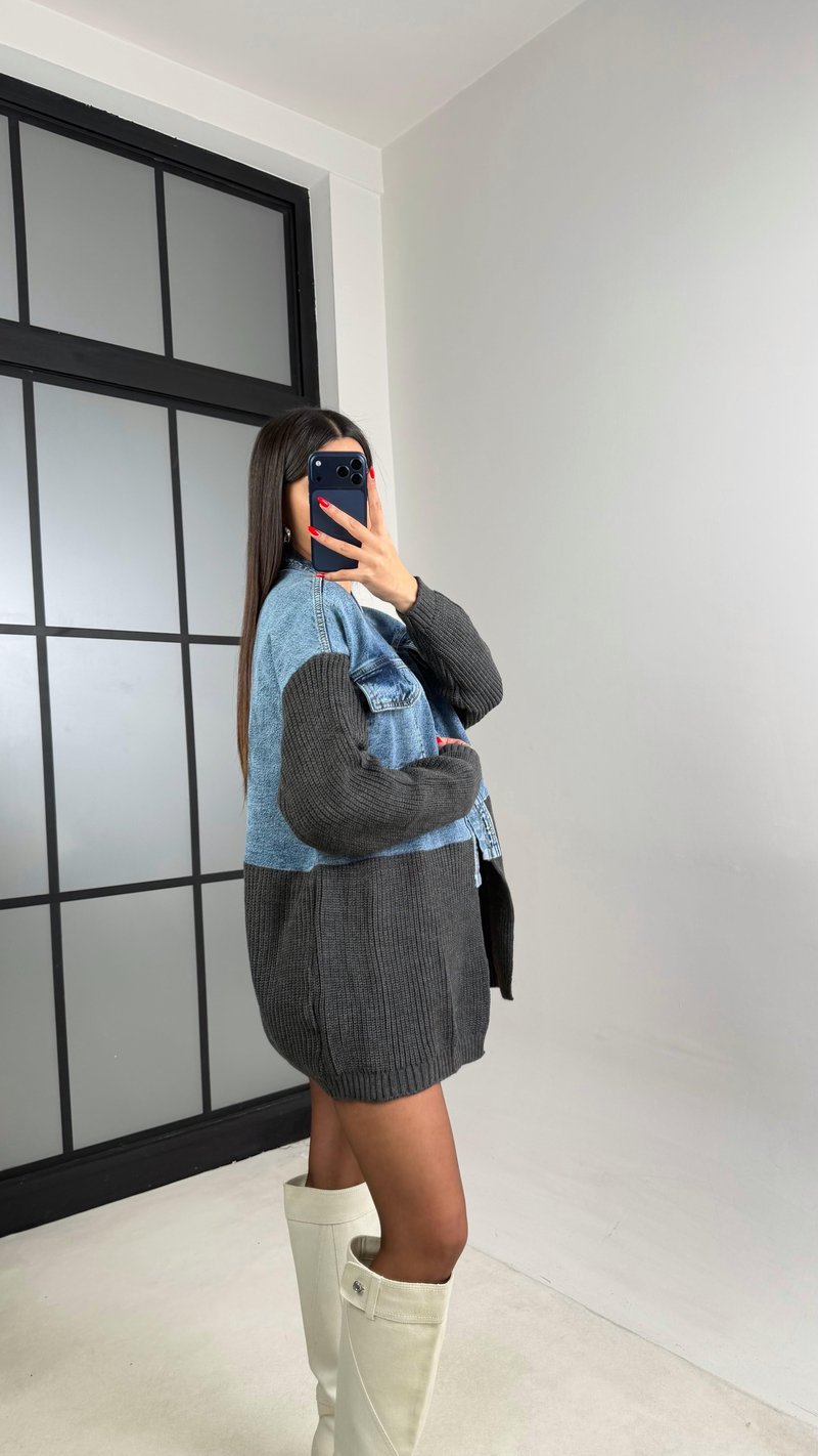 Antrasit Denim Detaylı Triko Hırka GAUS-01002