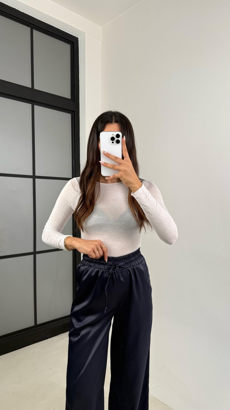 Lacivert Beli Lastikli Cepli Saten Pantolon GAUS-0090