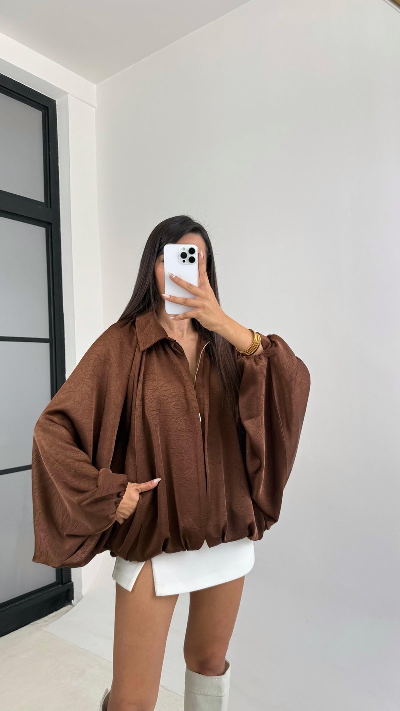 Kahve Saten Bomber Ceket GAUS-00118