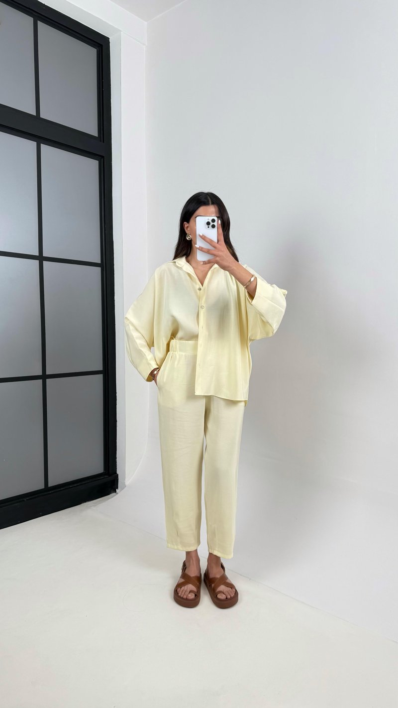 Sarı Önü Düğmeli Gömlek Beli Lastikli Cepli Pantolon MD Muadil Tencel Takım TNCL01 Gaus00390