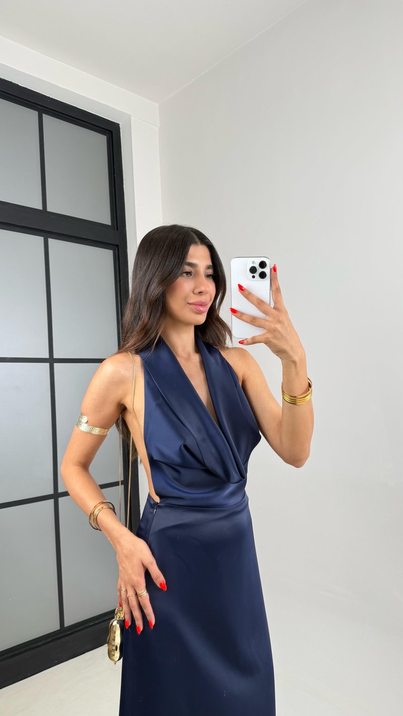 Lacivert Sırt Dekolteli Degaje Yaka Saten Elbise GAUS-002