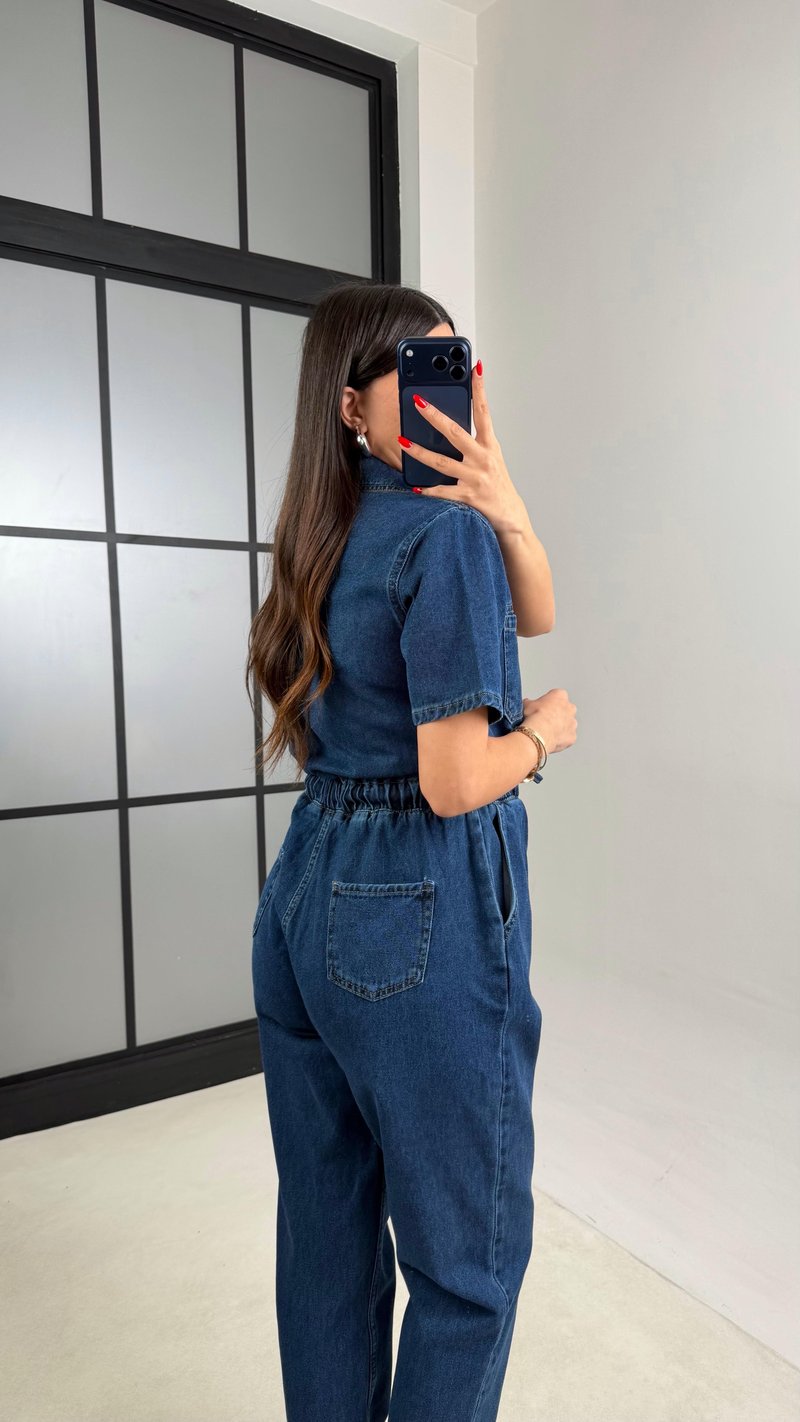 Mavi Beli Lastikli Düğme Detaylı Denim Tulum gaus-01208