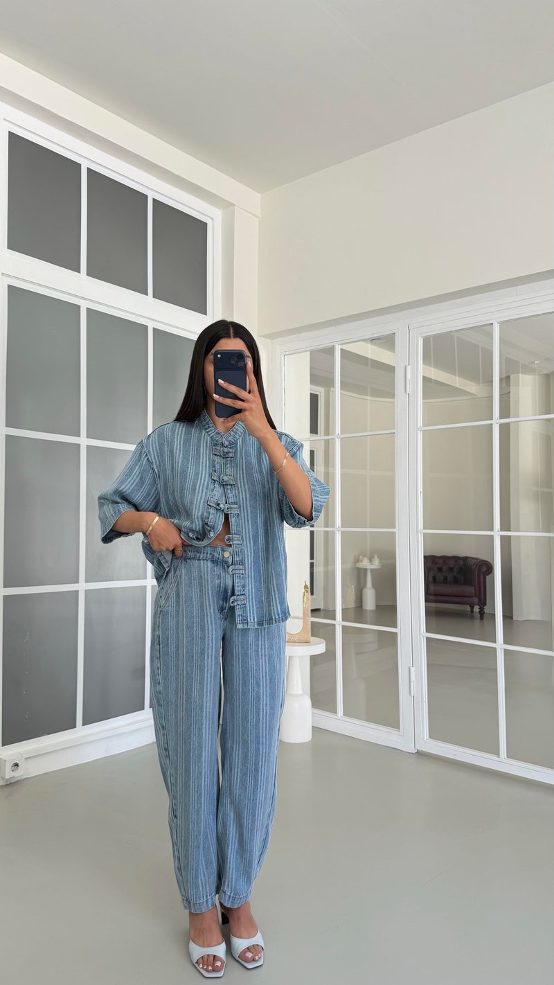 Mavi Tasarım Ceket Pantolon Çizgili Tencel Denim Takım GAUS-01687