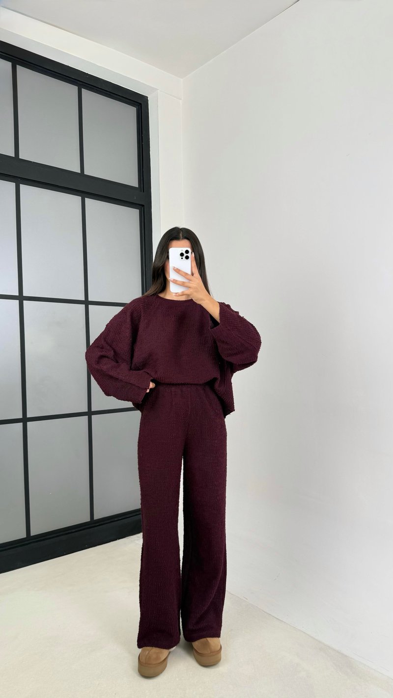 Bordo Kazak Beli Lastikli Pantolon Buklet Kumaş İkili Takım GAUS-00138