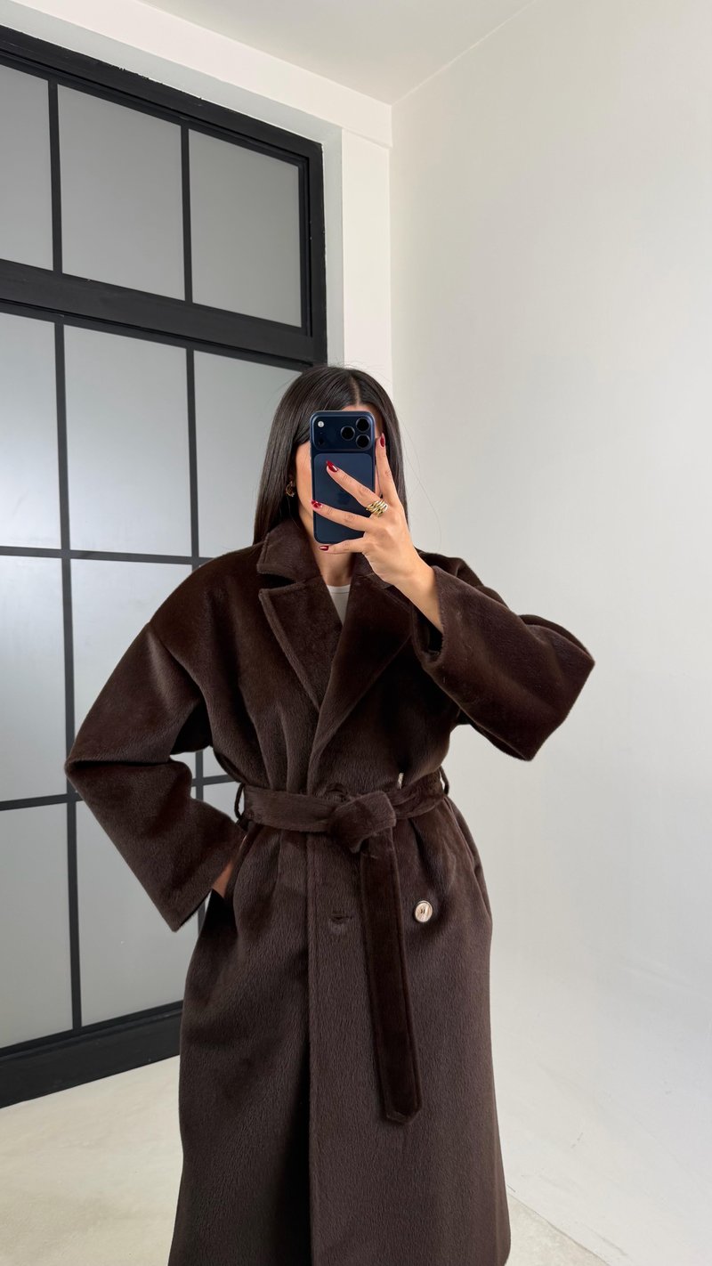 Kahve Astarlı Kuşaklı Premium Peluş Kaban GAUS-00565