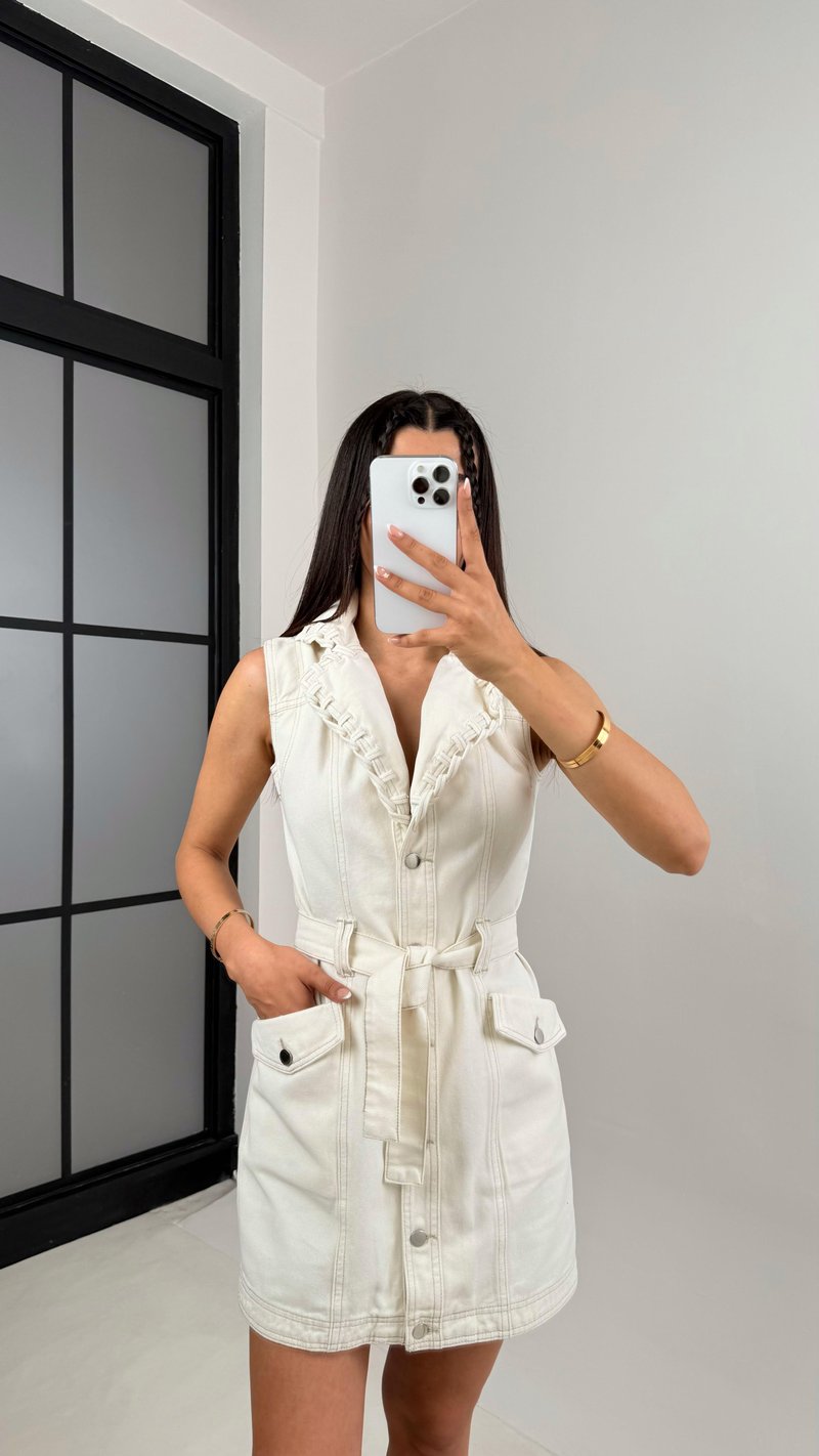 Ekru Cep Detaylı Kemerli Yakası Örgülü Denim Elbise Gaus00554
