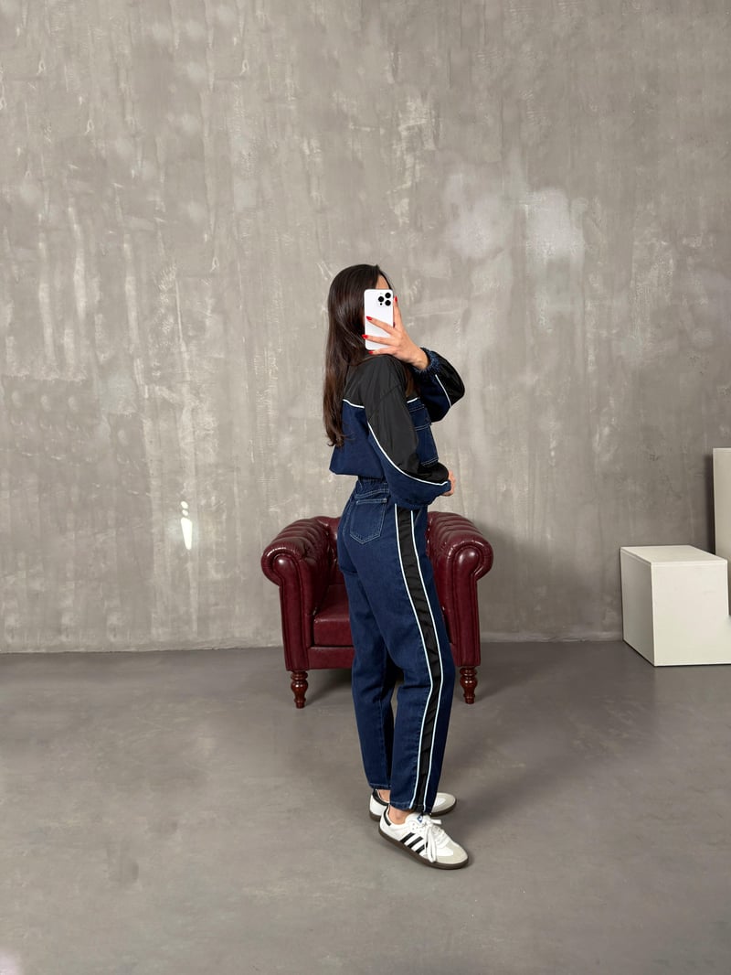 Lotus Koyu Mavi Beli Lastikli Garnili Denim Takım