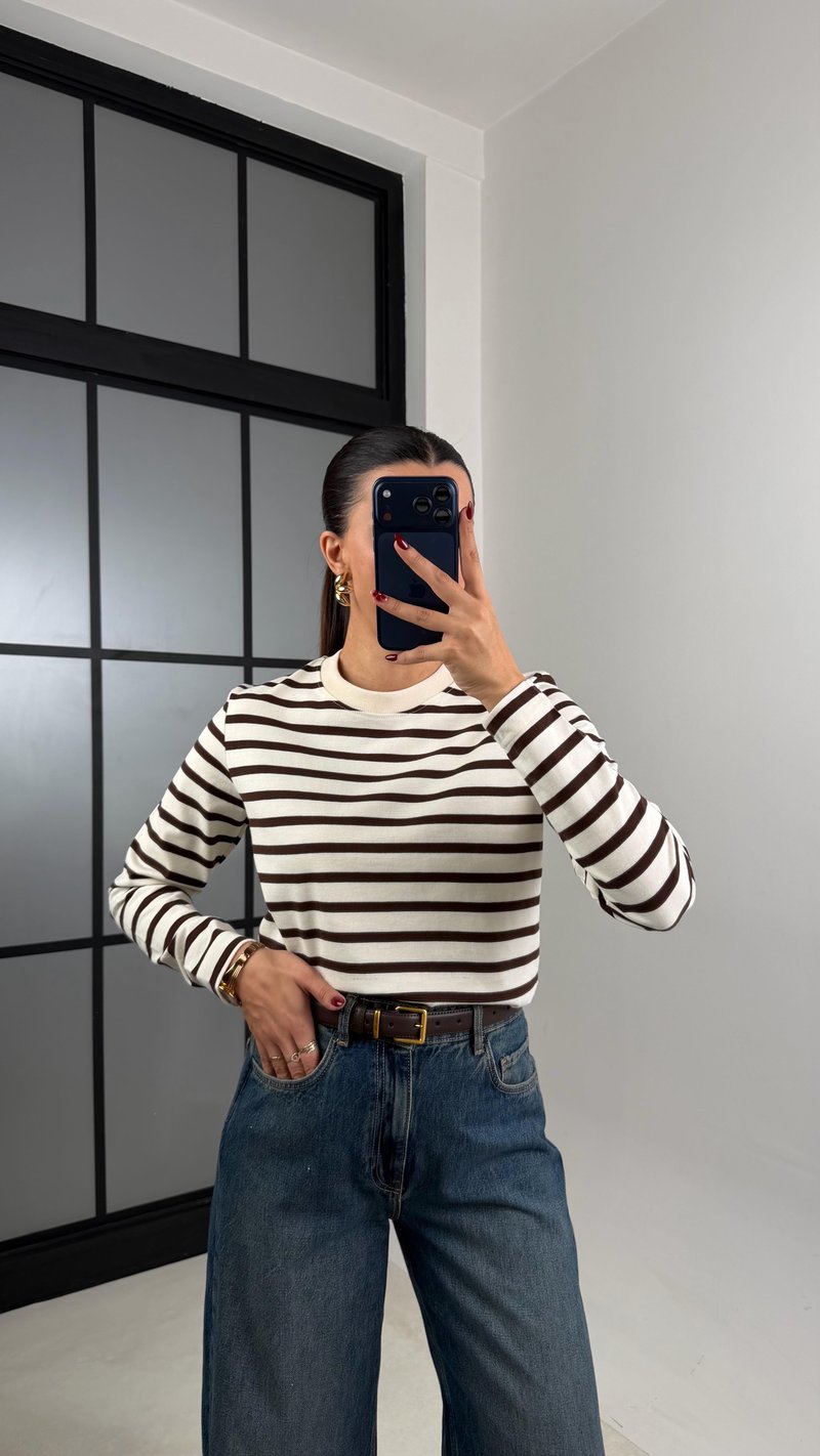 Kahve Beyaz Çizgili Basic Md Muadil Bluz GAUS-00640
