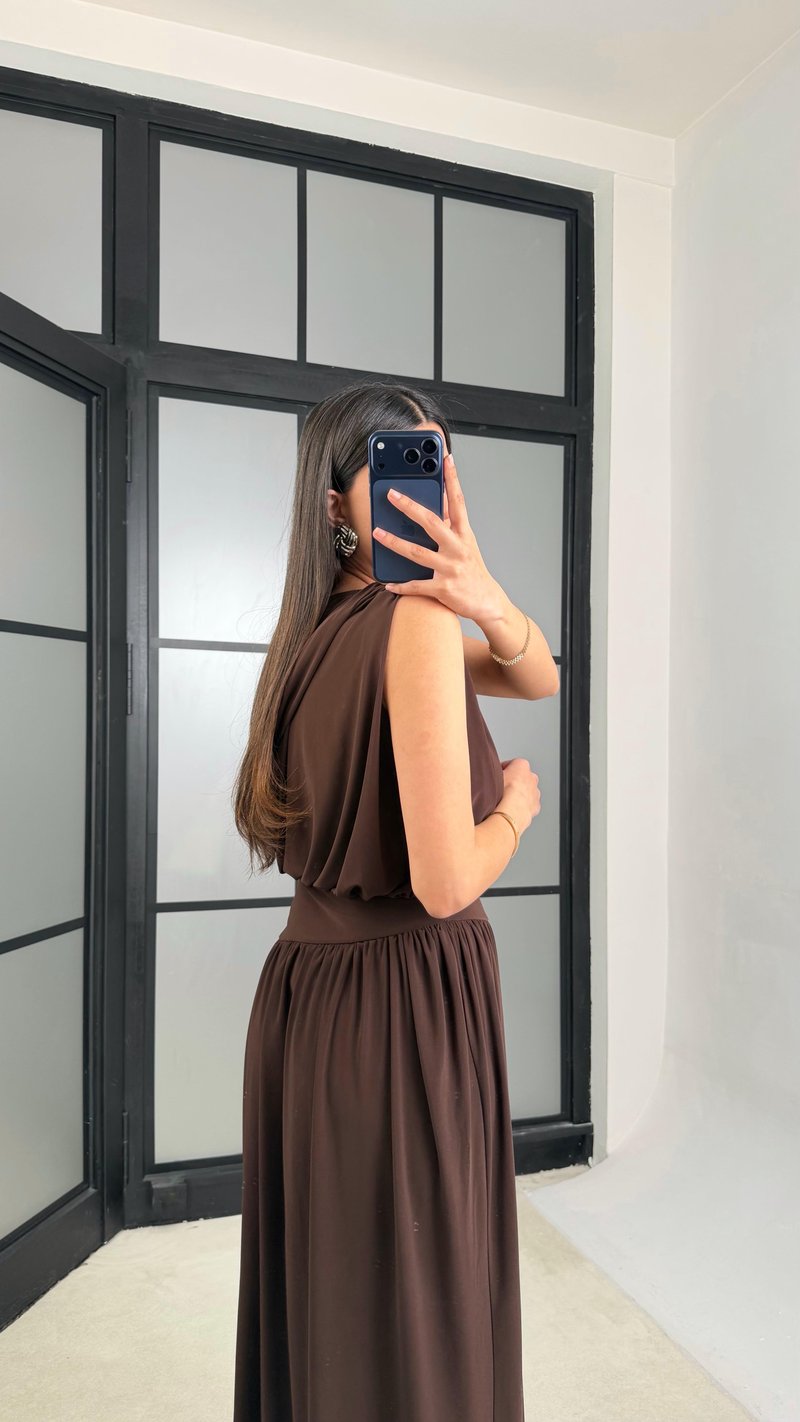 Kahve Sıfır Kol Twst Model Tasarım Elbise GAUS-01362
