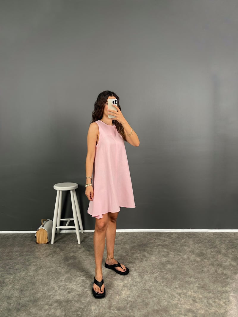Lonse Şeker Pembe Keten Sıfır Kol Basic Elbise