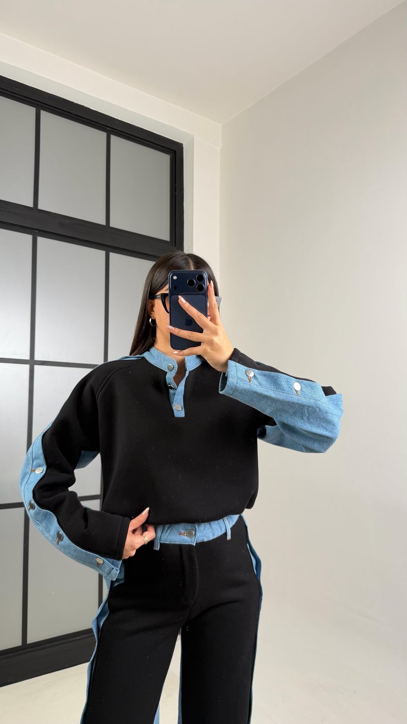 Siyah Denim Detaylı Şardonlu Sweatshirt Eşofman Takım GAUS-00839