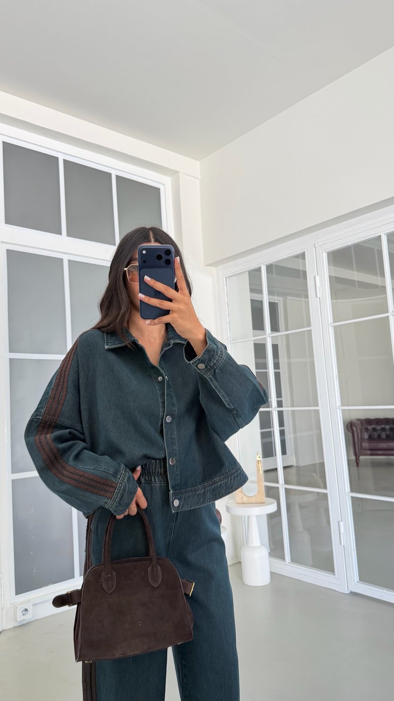Kahve Şerit Detaylı Ceket Beli Lastikli Pantolon İkili Denim Takım GAUS-02094
