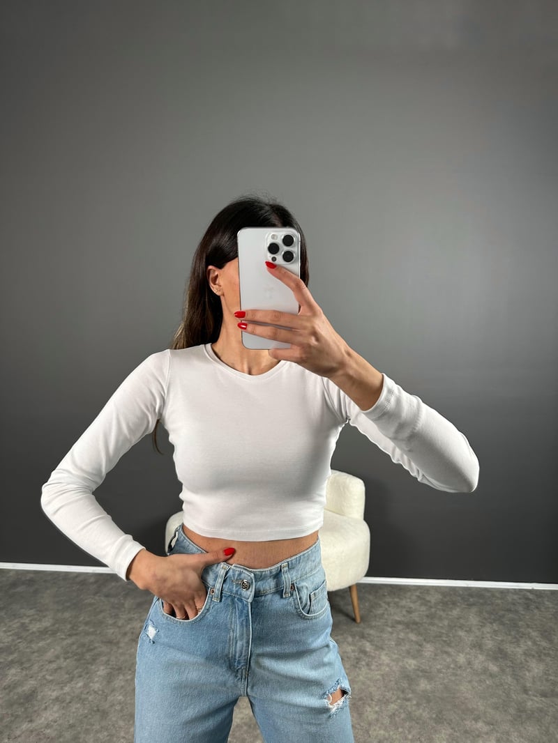 Beyaz ZR Model Basic Uzun Kollu Crop 