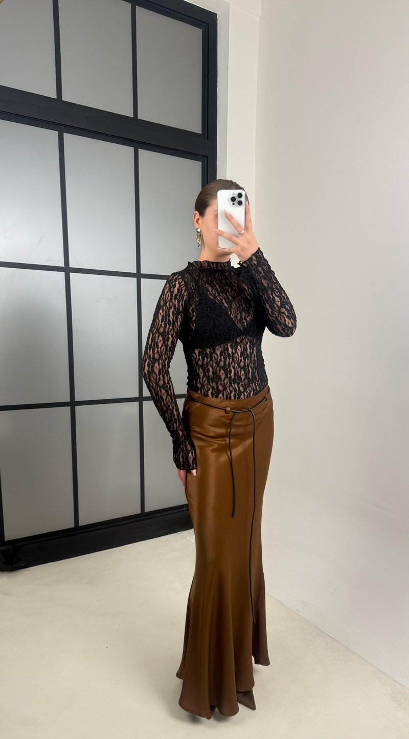 Kahve Kuşaklı Saten Etek GAUS-00167