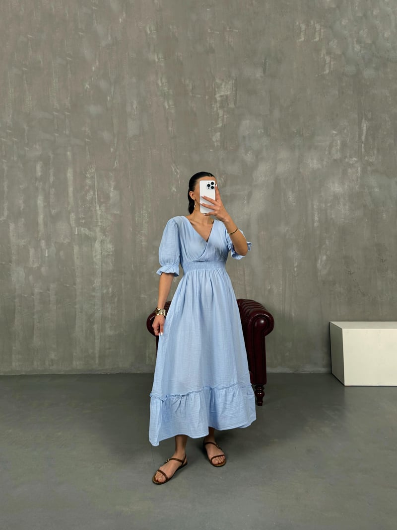 Bebe Mavi V Yaka Beli Lastikli Büzgülü Müslin Pinterest Elbise Gaus00022