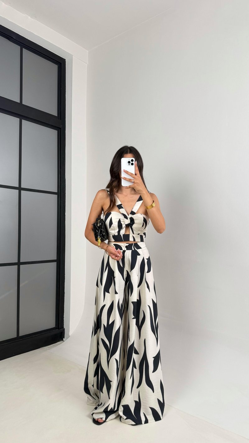 Ekru Desenli Beli Lastikli Crop Cepli Pantolon İkili Premium Takım Gaus00676