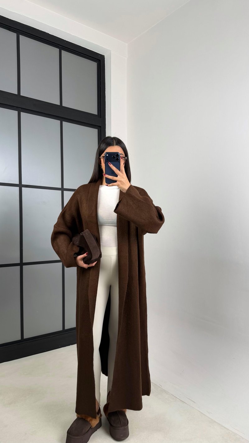 Kahve Oversize Maxi Boy Triko Hırka GAUS-00728