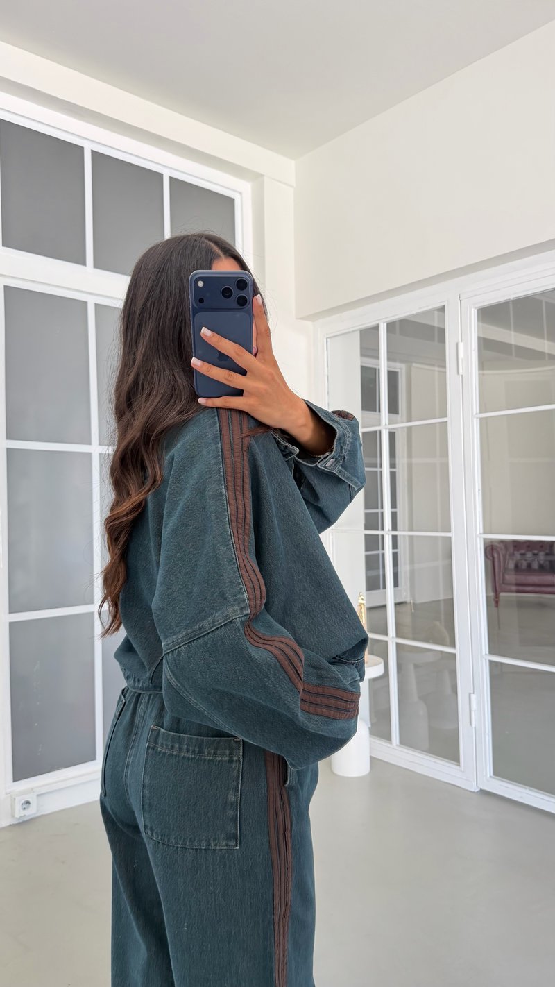 Kahve Şerit Detaylı Ceket Beli Lastikli Pantolon İkili Denim Takım GAUS-02094