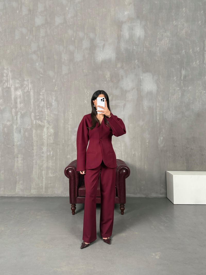 Roni Bordo Belden Oturtmalı Ceket Pantolon Premium Takım