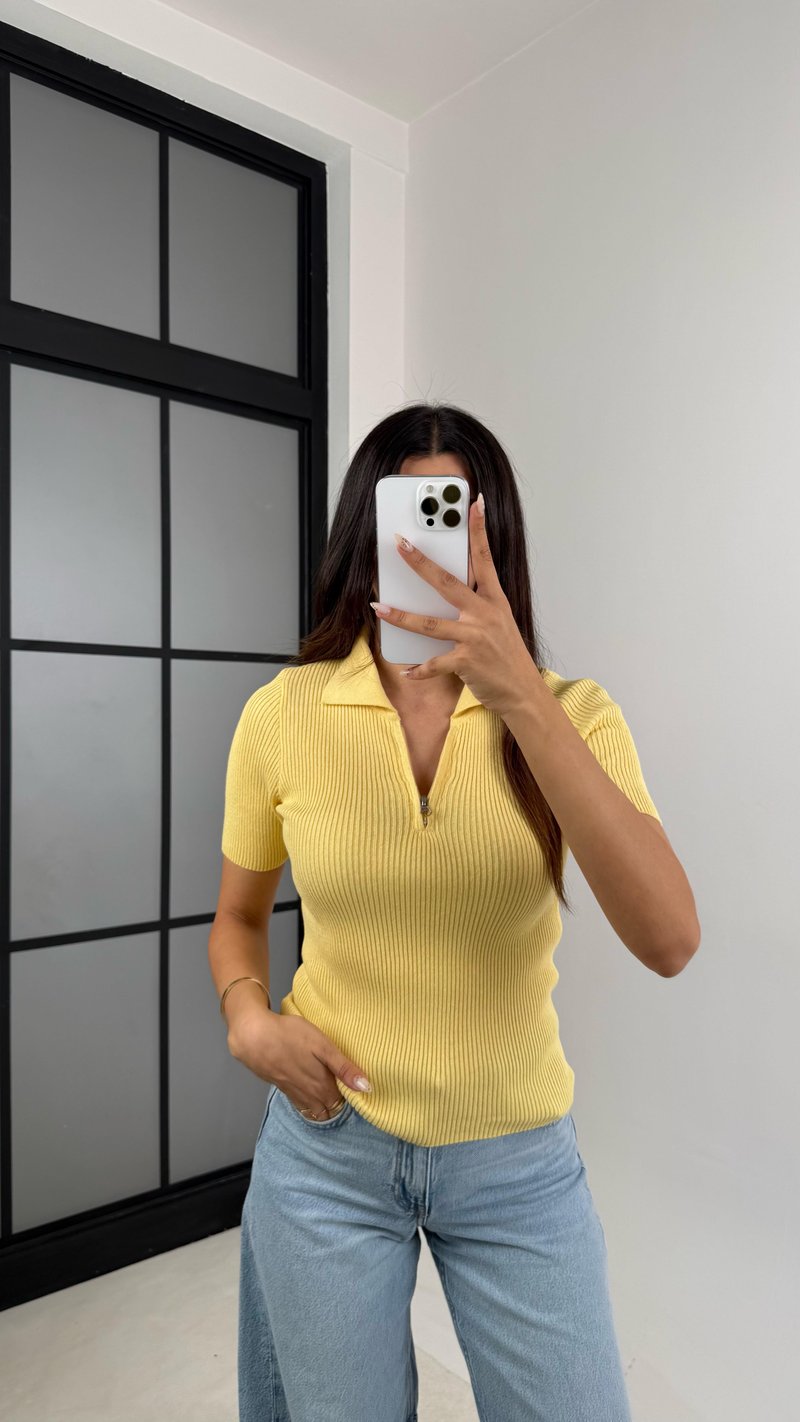 Sarı Polo Yaka Fermuar Deataylı Triko Bluz GAUS-00123