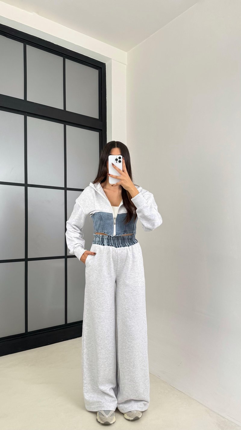 Gri Denim Detaylı Kapüşonlu Hırka Beli Lastikli Pantolon Tasarım Takım GAUS-00444