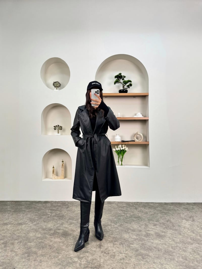 Hailey Siyah Premium Deri Trençkot