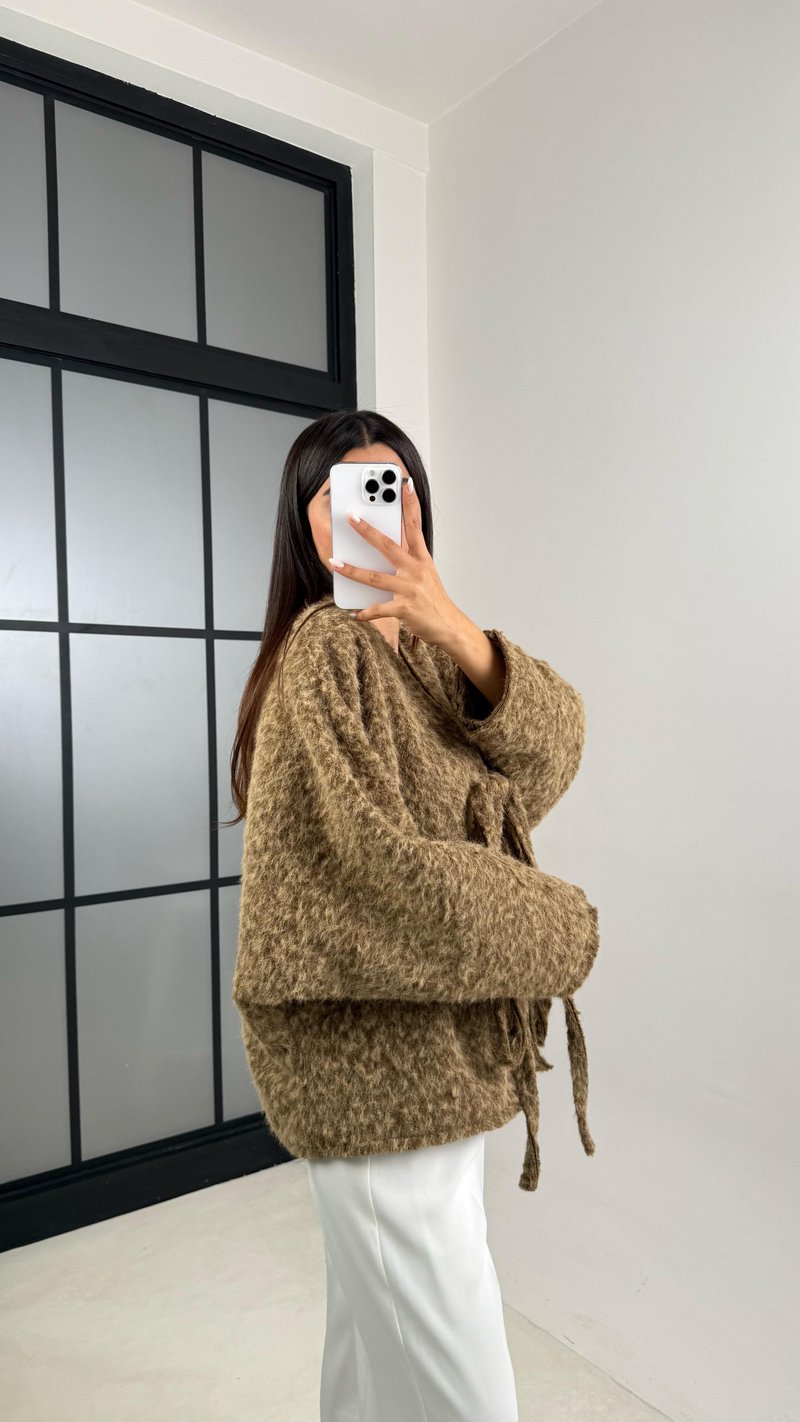 Kahve Kırçıllı Astarlı Önden Bağlamalı Premium Ceket GAUS-00512