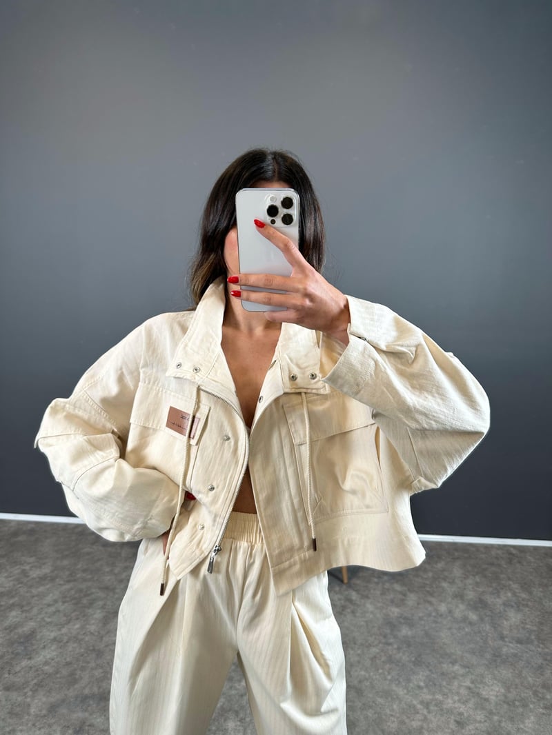 Gabardin Bej Baskılı Oversize Ceket 