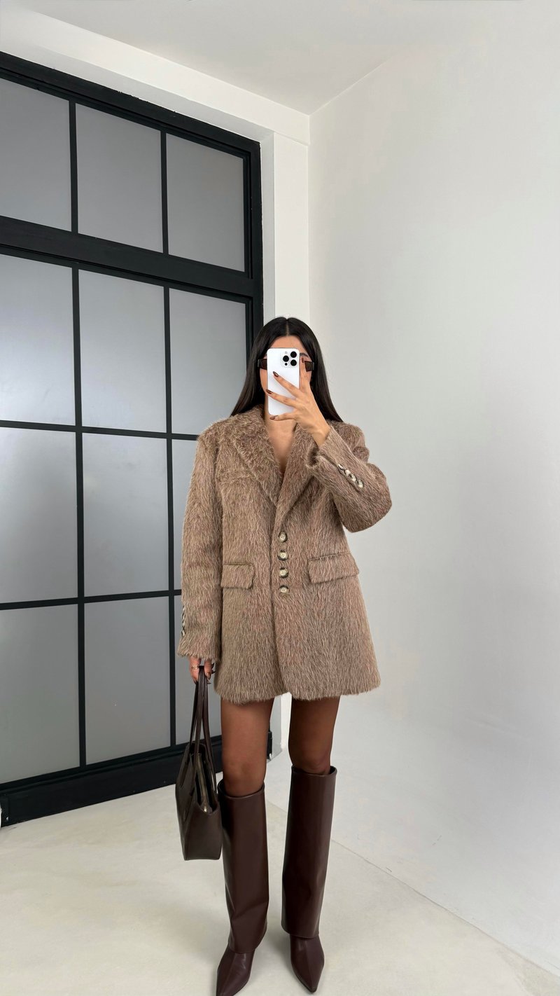 Kahve Astarlı Vatkalı Keçe Kumaş Blazer Ceket GAUS-00225