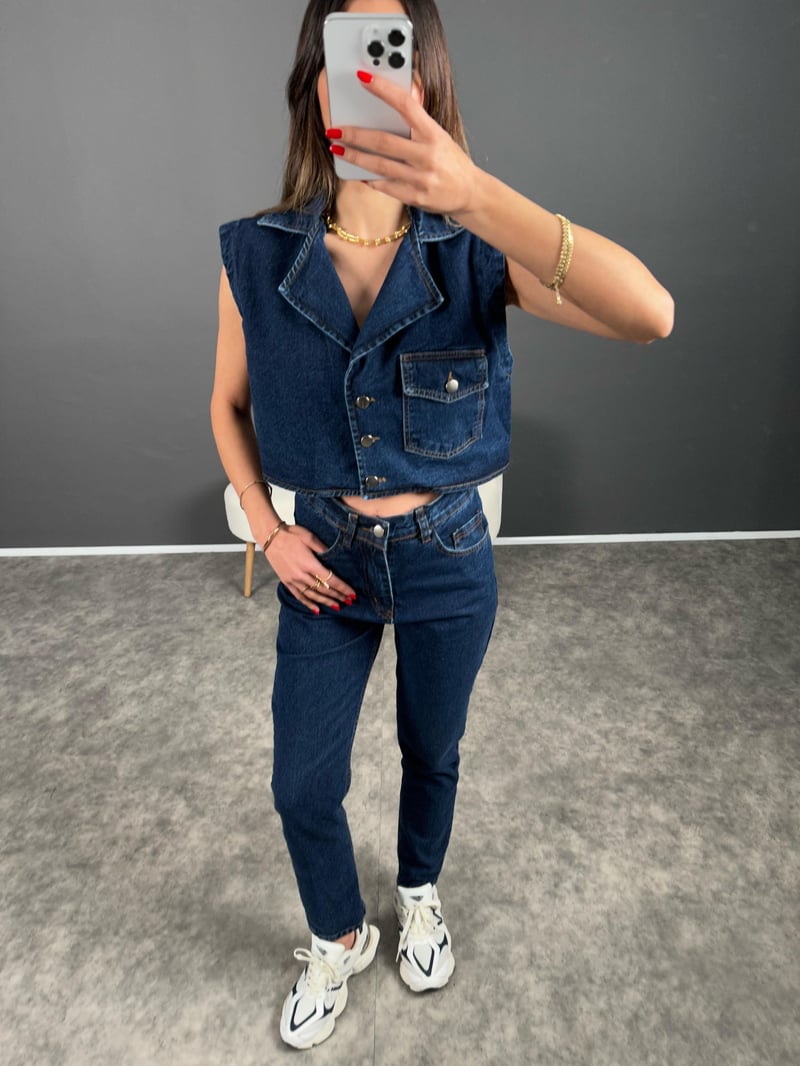 Amio Koyu Mavi Yelekli Denim Takım