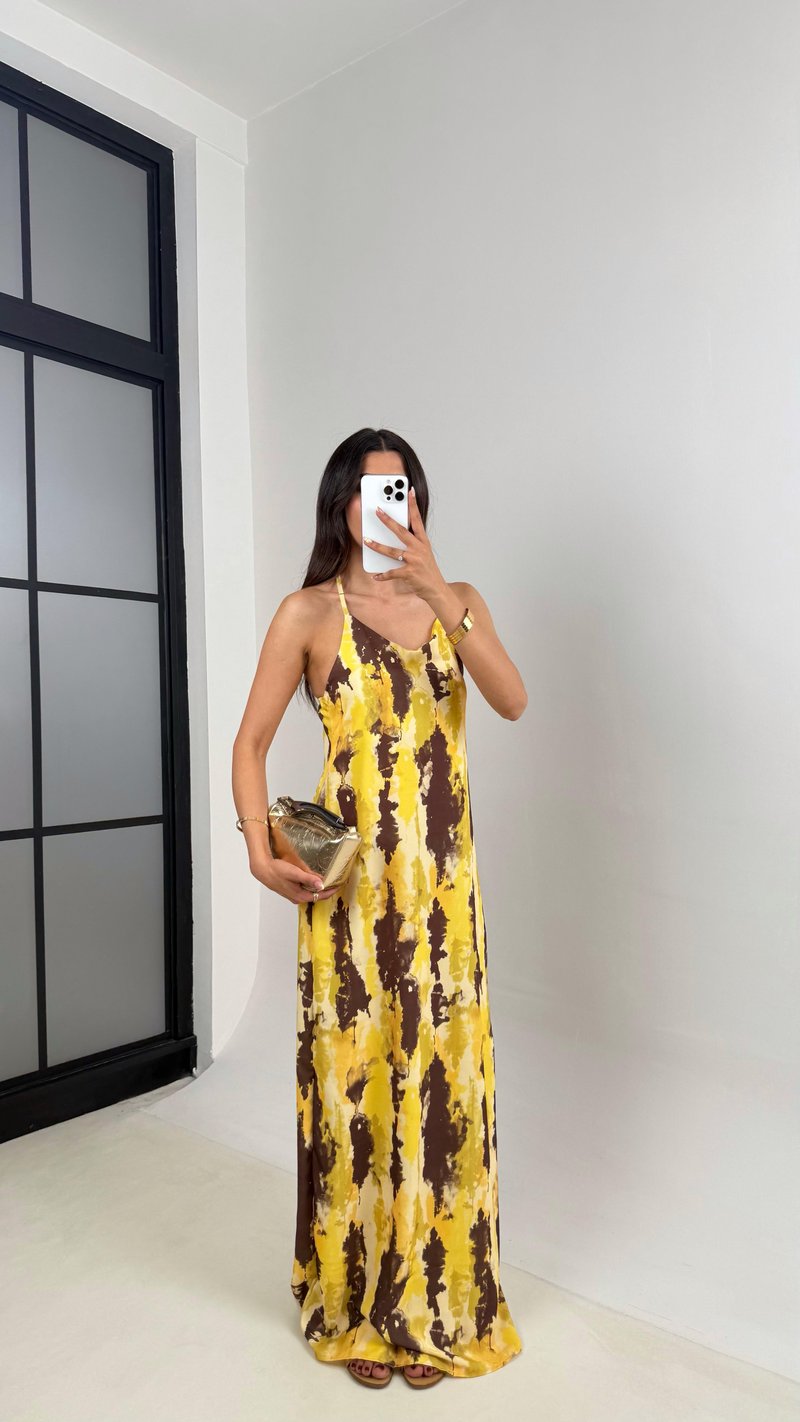 Sarı Kahve Desenli Askılı Tencel Elbise Gaus00654