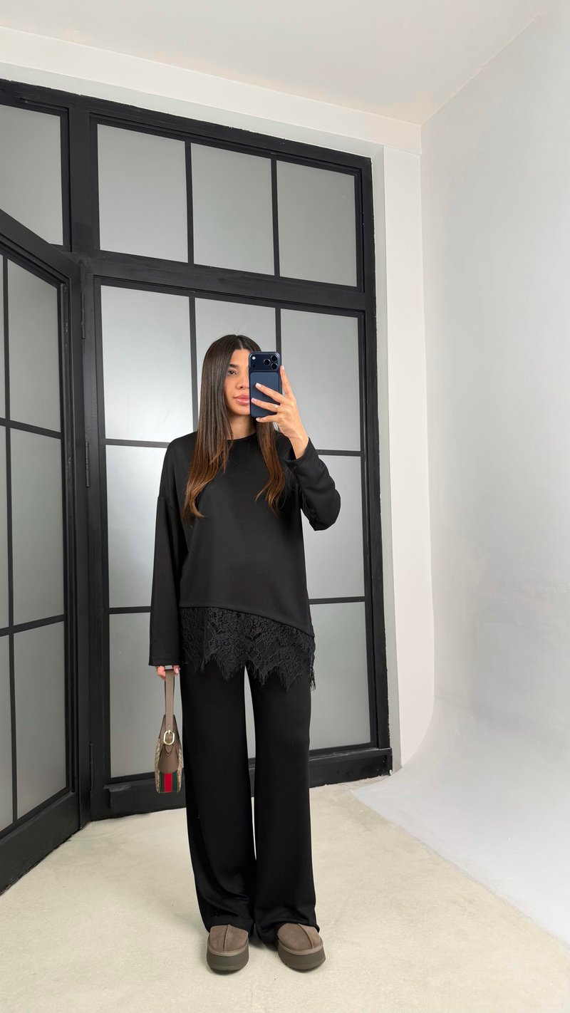 Siyah Dantel Detaylı Beli Lastikli Modal İkili Takım GAUS-01207