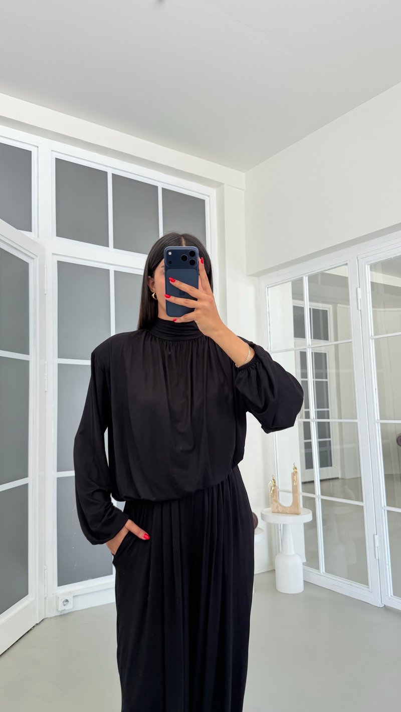 Siyah Vatkalı Bluz Beli Lastikli Cepli Şalvar Pantolon İkili Modal Takım GAUS-01868