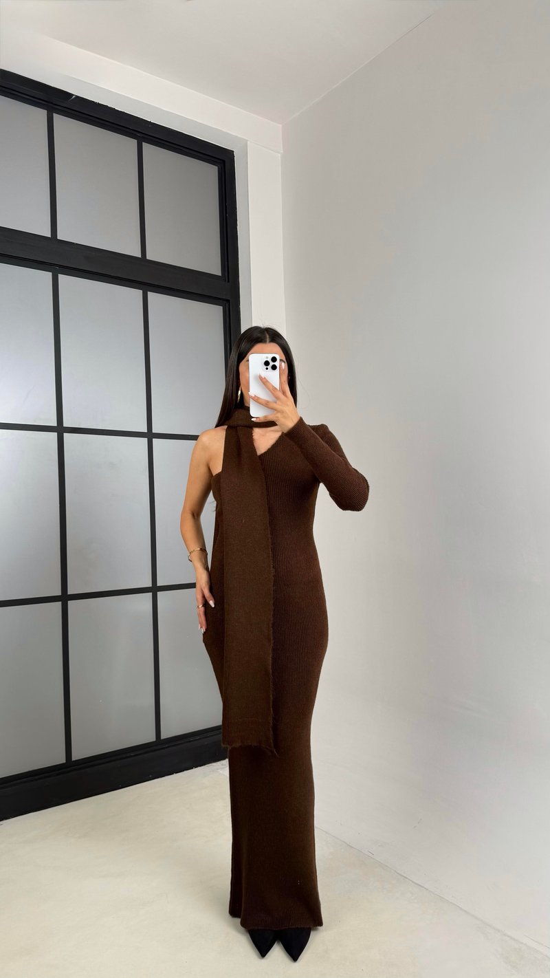 Kahve Tek Omuz Atkılı Triko Elbise GAUS-00223
