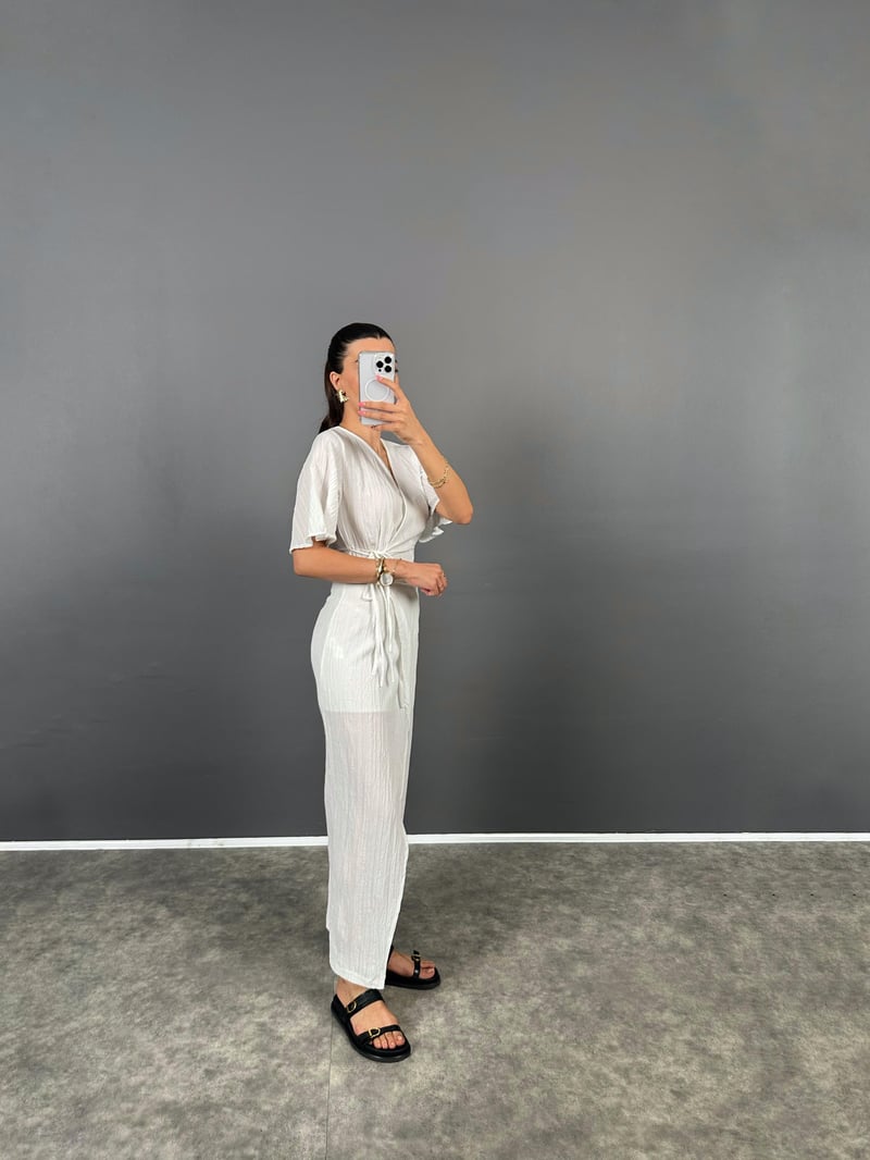 Nix White Lace-up Half Sleeve Lined Long Dress