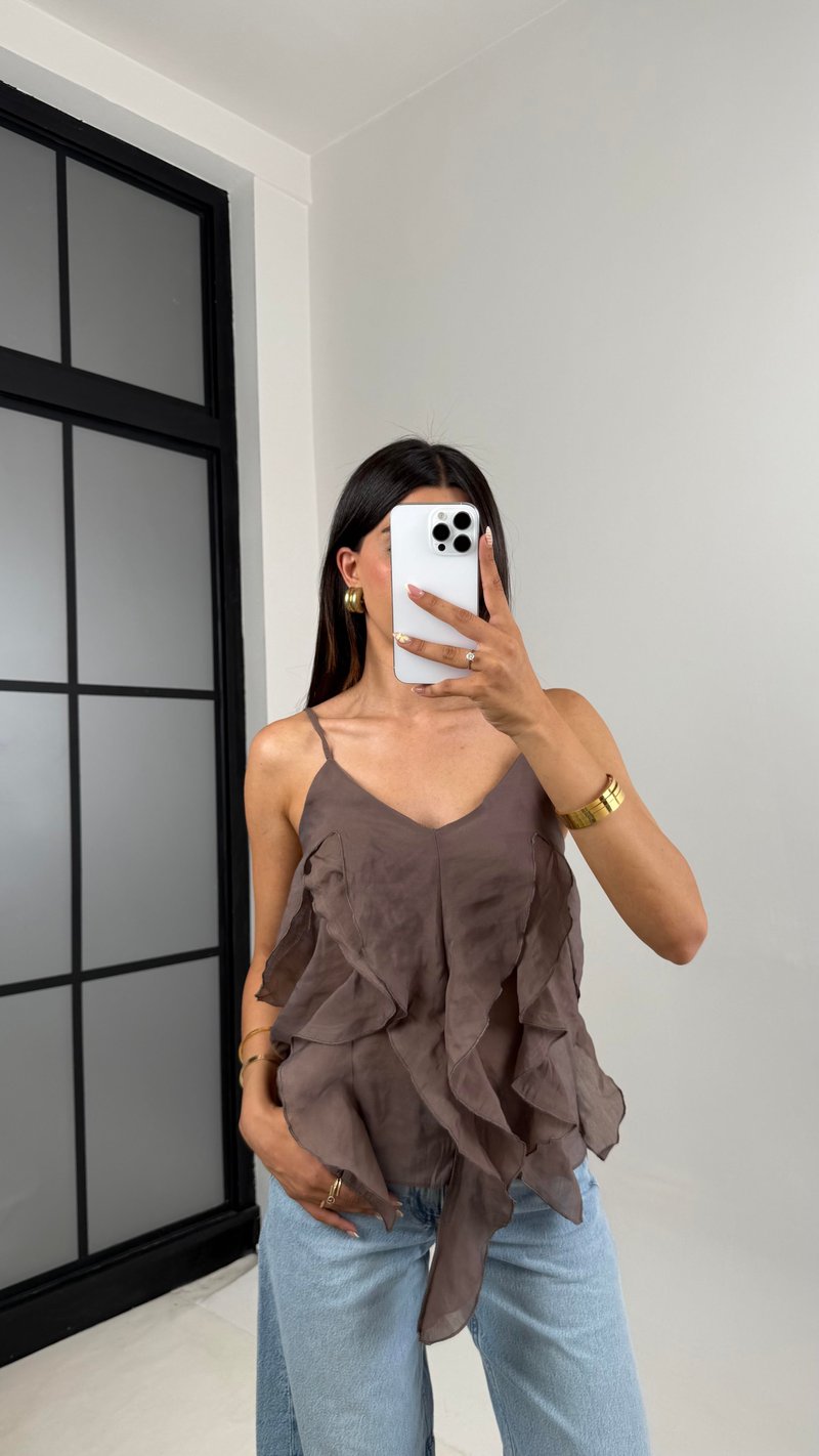 Kahve Ayarlanabilir Askılı MD Muadil Fırfır Detaylı Bluz Gaus00665