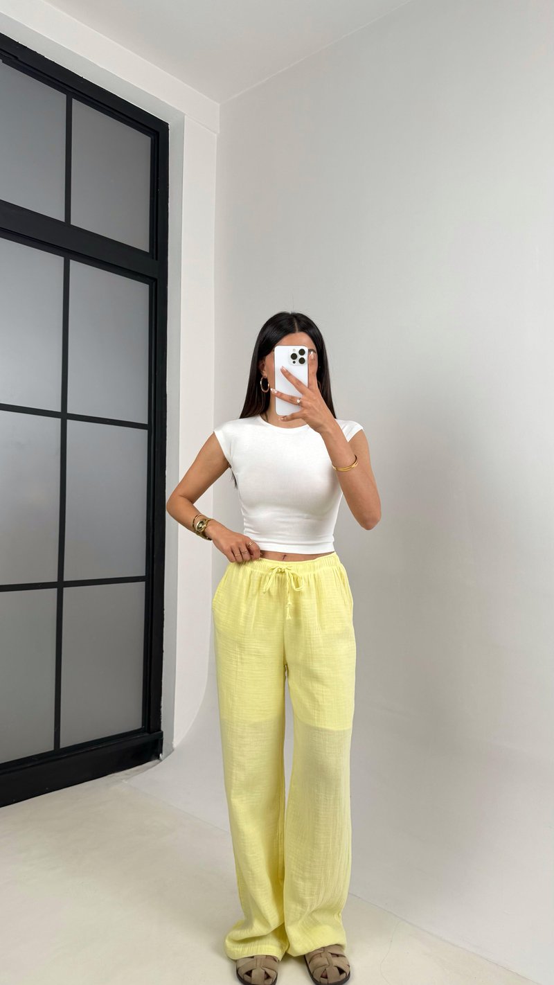 Sarı Beli Lastikli Müslin Pantolon Gaus00586