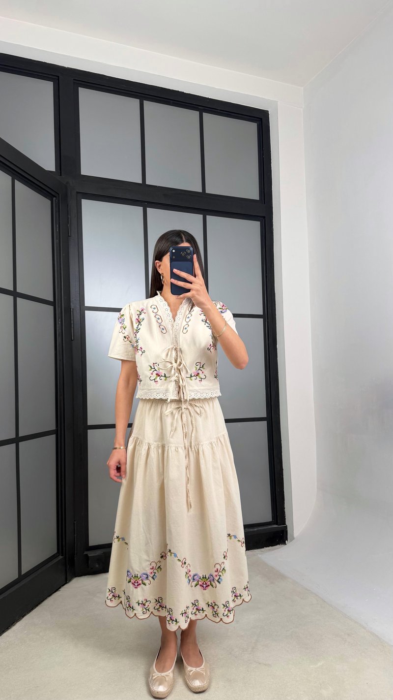 Taş Nakışlı Bluz Beli Lastikli Etek Yıkamalı Keten Takım GAUS-01365