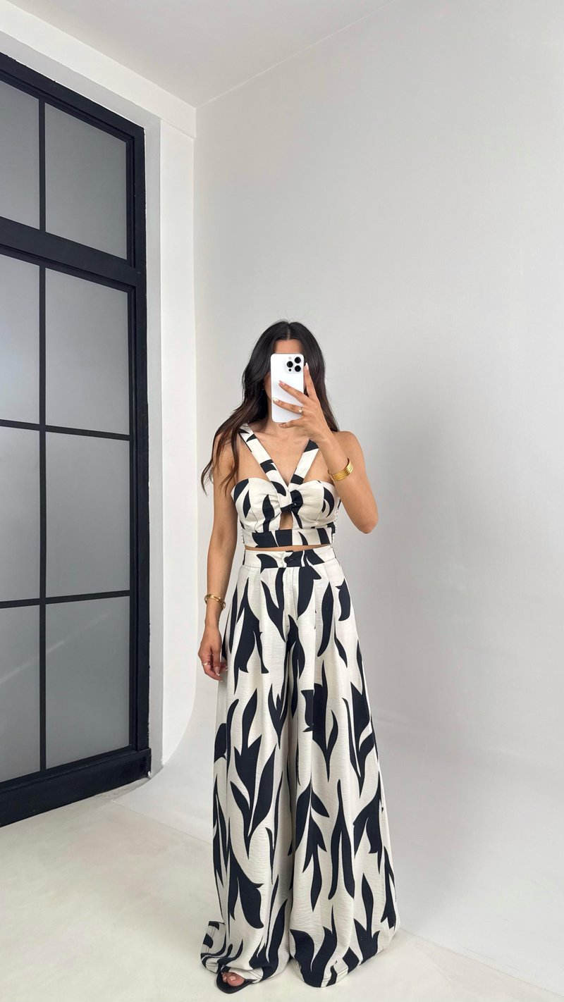 Ekru Desenli Beli Lastikli Crop Cepli Pantolon İkili Premium Takım Gaus00676