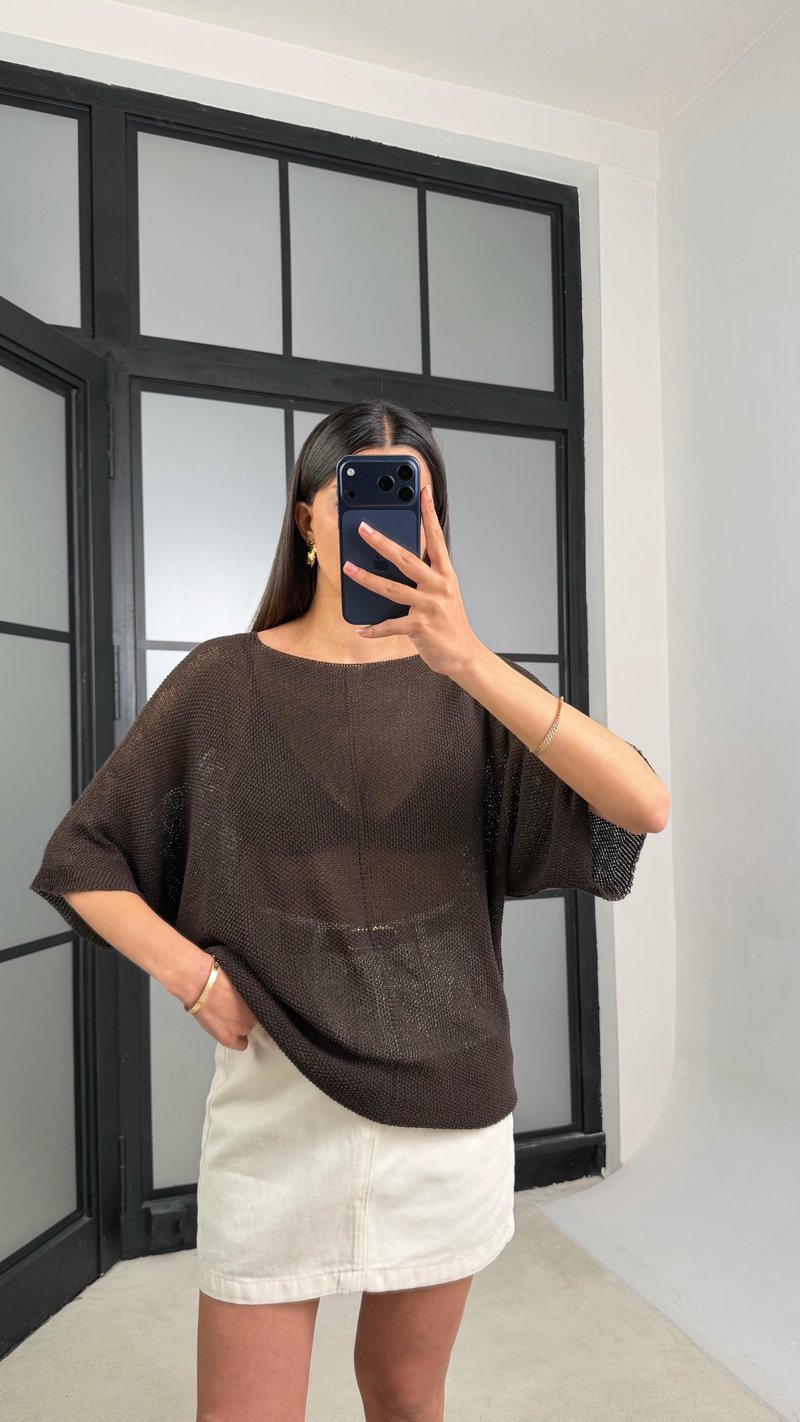 Acı Kahve Yarasa Kol Ajurlu Triko Bluz GAUS-01443