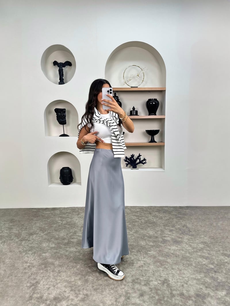 Oliv Gri Maxi Saten Etek