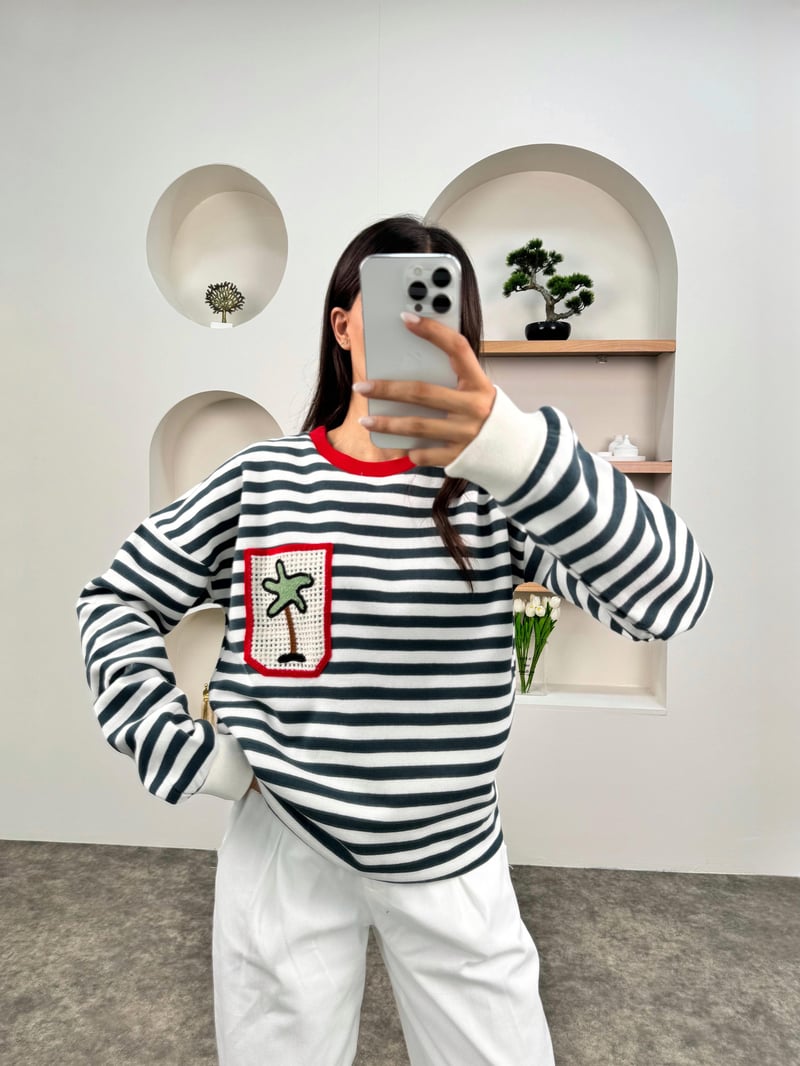 SHG Çizgili Cep İşleme Detaylı Bisiklet Yaka Sweatshirt