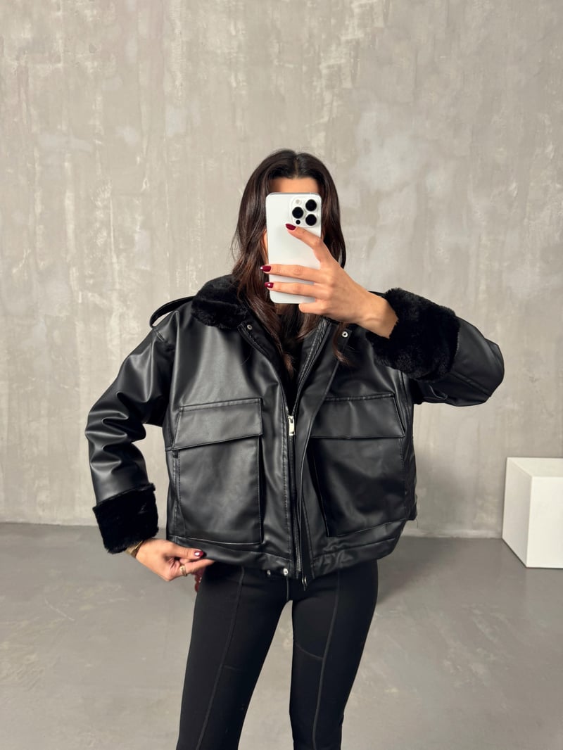 ENR Siyah İçi Peluş Cepli Deri Biker Ceket