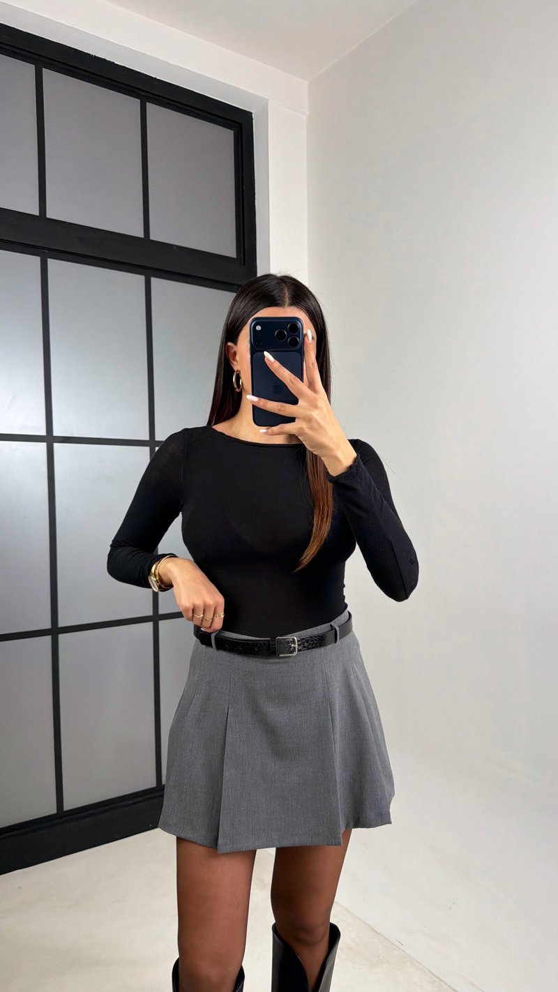 Antrasit Pileli Şort Etek GAUS-00567