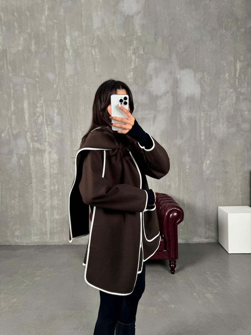 Tate Acı Kahve Beyaz Şeritli Atkı Detaylı Tasarım Kaşe Ceket