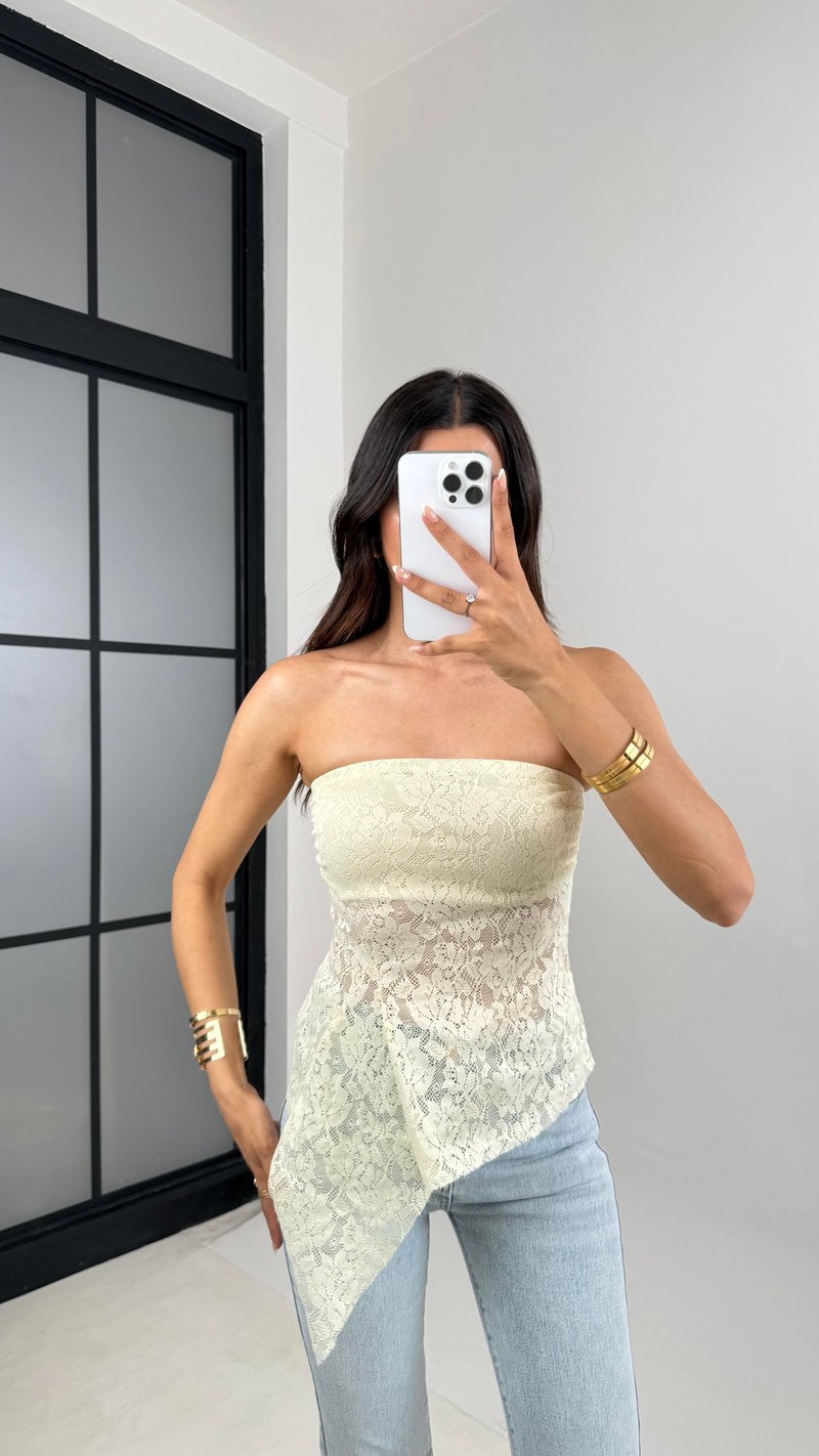 Sarı Straplez Dantelli Asimetrik Kesim Bluz Gaus00629