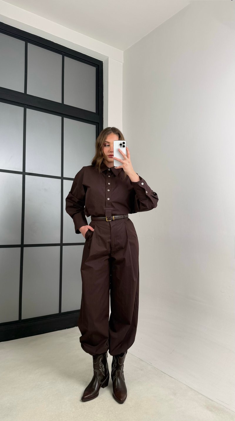 Acı Kahve Gömlek Paça Lastikli Pantolon İkili Takım GAUS-01114