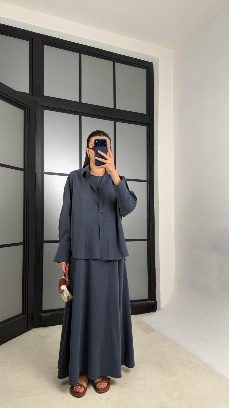 Lacivert Gömlek Elbise Oversize İkili Tencel Takım GAUS-01423
